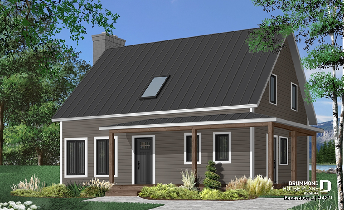 front - BASE MODEL - Scandinavian style house plan, 3 bedrooms, kitchen booth, economical home to build, covered porches - Beausejour 2