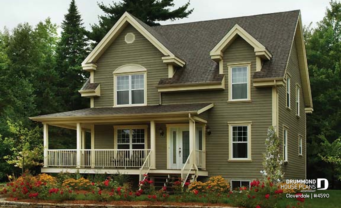 front - BASE MODEL - 2-story farmhouse style house plan, 3 to 4 bedrooms, nice kitchen, great wraparound porch - Cloverdale