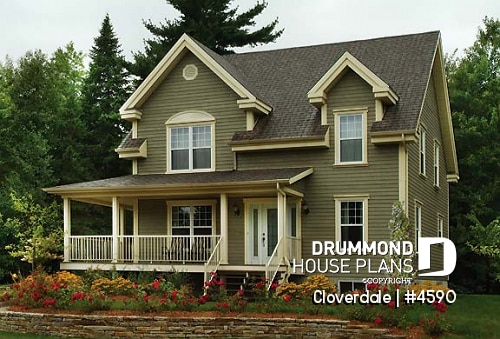 front - BASE MODEL - 2-story farmhouse style house plan, 3 to 4 bedrooms, nice kitchen, great wraparound porch - Cloverdale