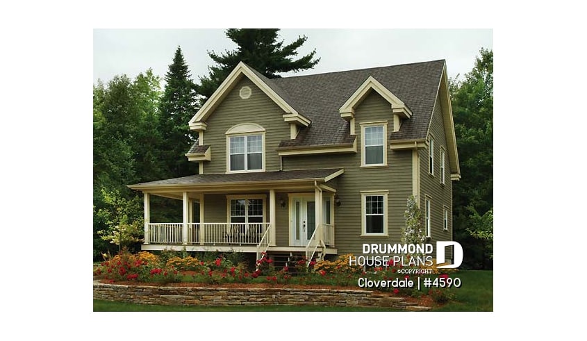 front - BASE MODEL - 2-story farmhouse style house plan, 3 to 4 bedrooms, nice kitchen, great wraparound porch - Cloverdale