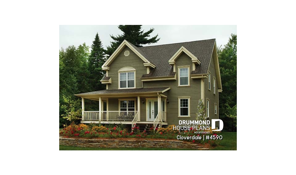 front - BASE MODEL - 2-story farmhouse style house plan, 3 to 4 bedrooms, nice kitchen, great wraparound porch - Cloverdale