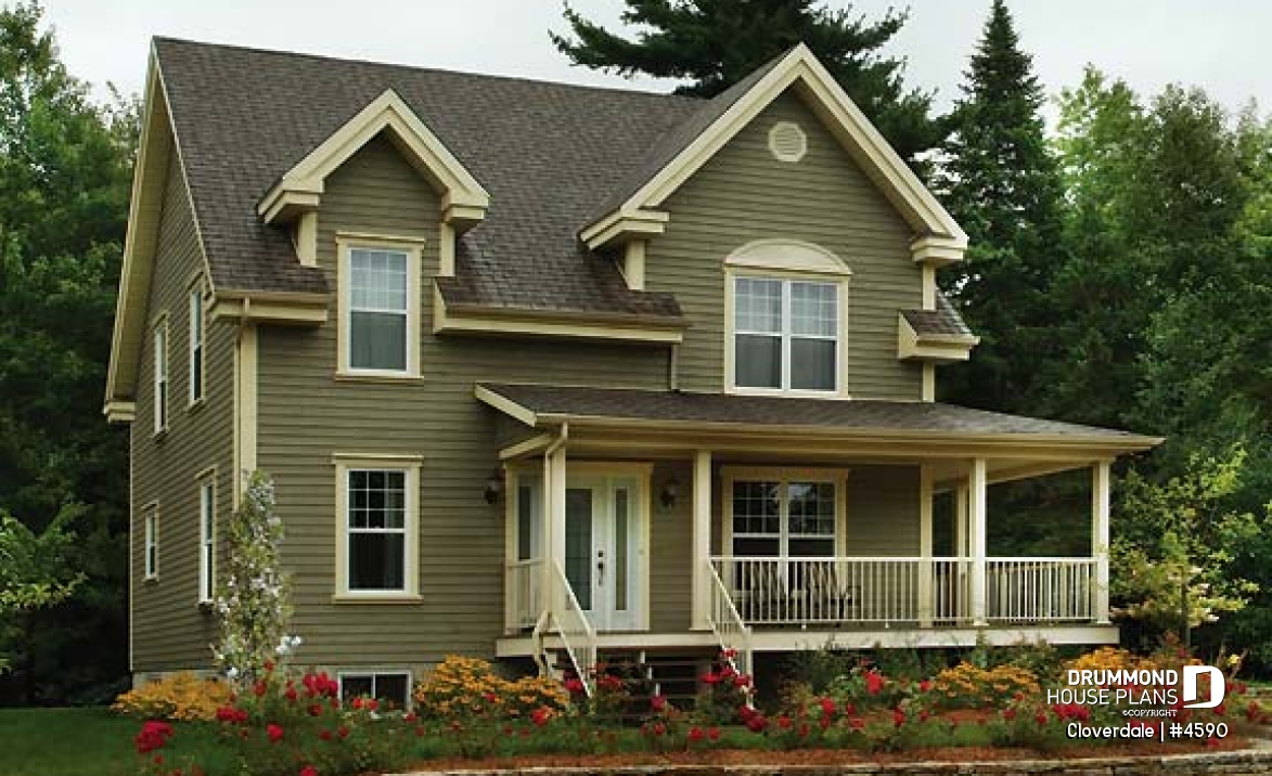 front - BASE MODEL - 2-story farmhouse style house plan, 3 to 4 bedrooms, nice kitchen, great wraparound porch - Cloverdale