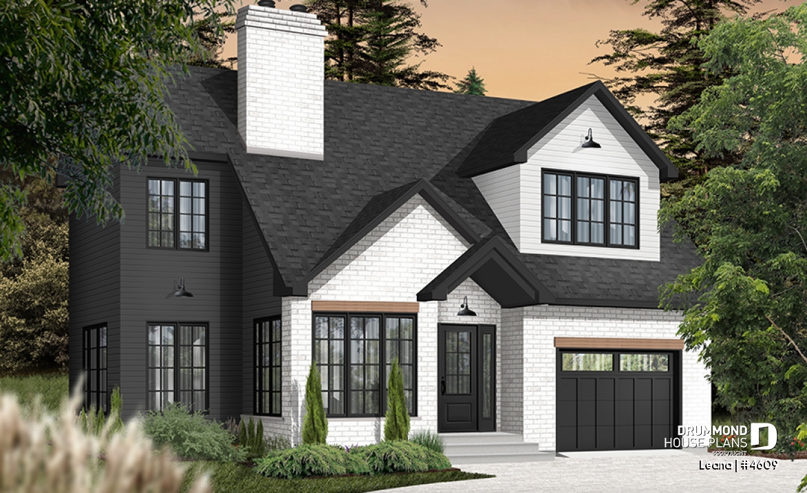 front - BASE MODEL - House with garage, 3 bedrooms + office, master suite upstairs, wood fireplace and single garage - Leana
