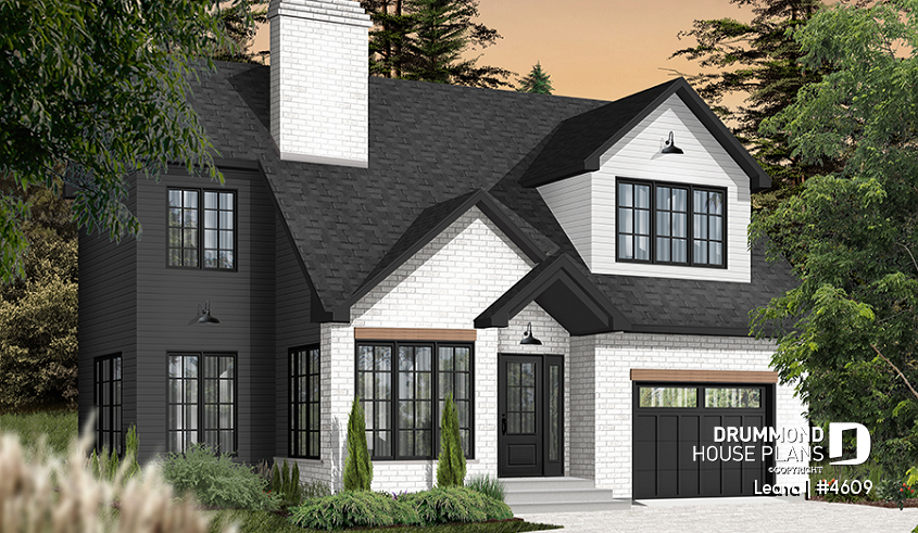 front - BASE MODEL - House with garage, 3 bedrooms + office, master suite upstairs, wood fireplace and single garage - Leana