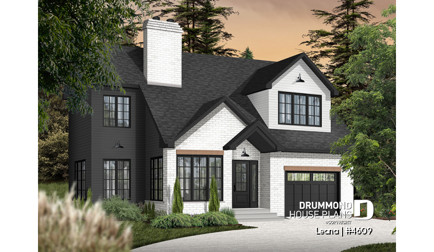 front - BASE MODEL - House with garage, 3 bedrooms + office, master suite upstairs, wood fireplace and single garage - Leana