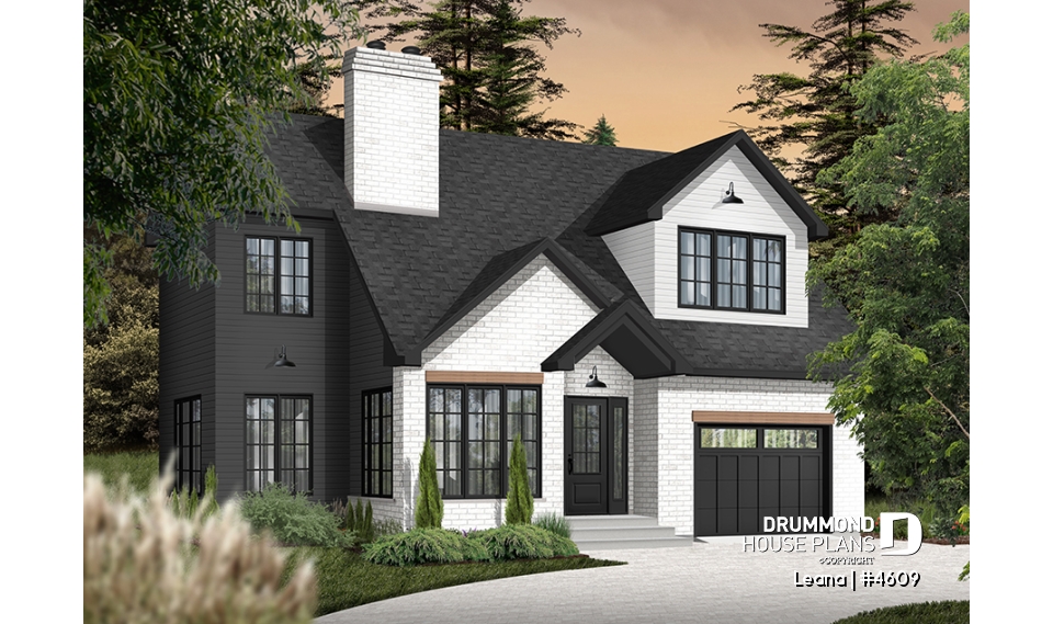 front - BASE MODEL - House with garage, 3 bedrooms + office, master suite upstairs, wood fireplace and single garage - Leana