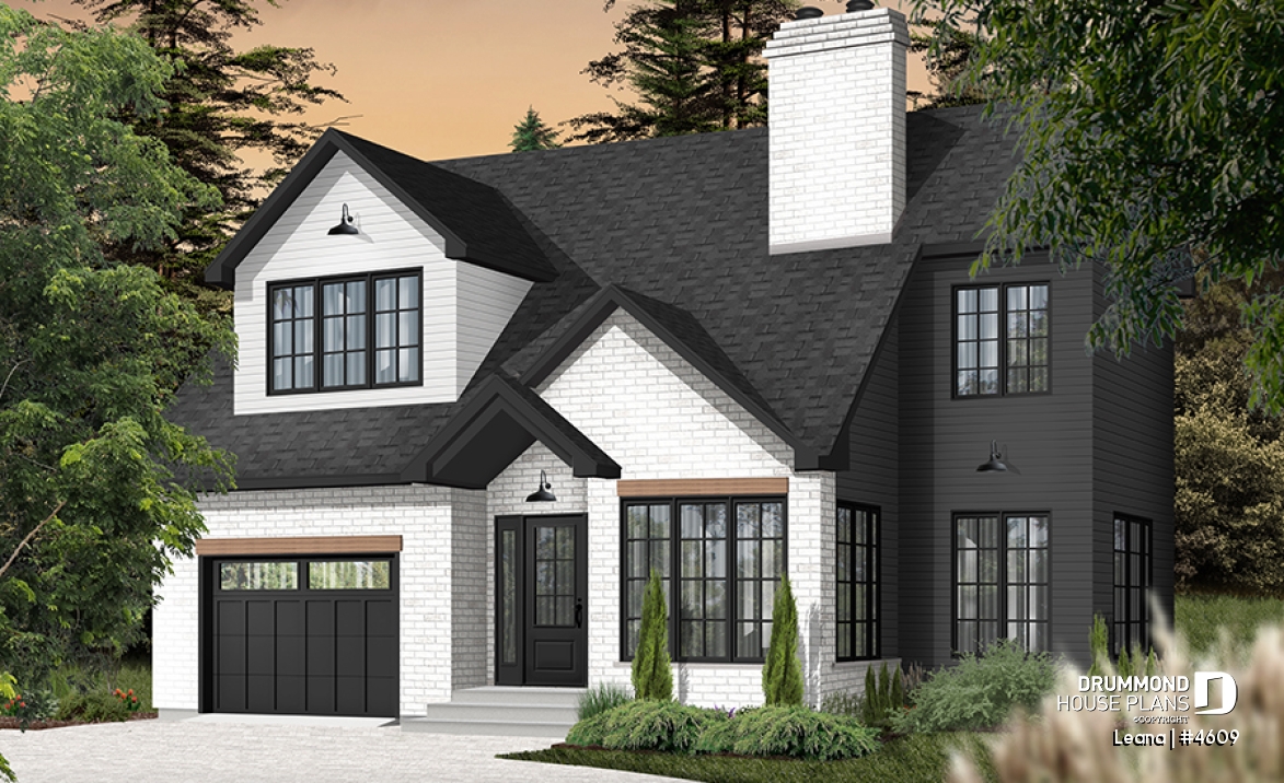 front - BASE MODEL - House with garage, 3 bedrooms + office, master suite upstairs, wood fireplace and single garage - Leana