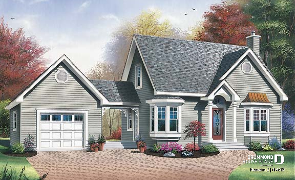 front - BASE MODEL - Country small house plan with 2 bedrooms + den, garage, family room with fireplace - Hamann 2