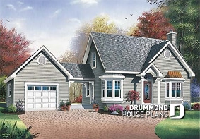 front - BASE MODEL - Country small house plan with 2 bedrooms + den, garage, family room with fireplace - Hamann 2