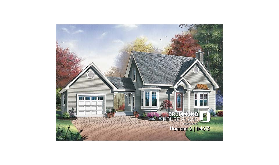 front - BASE MODEL - Country small house plan with 2 bedrooms + den, garage, family room with fireplace - Hamann 2
