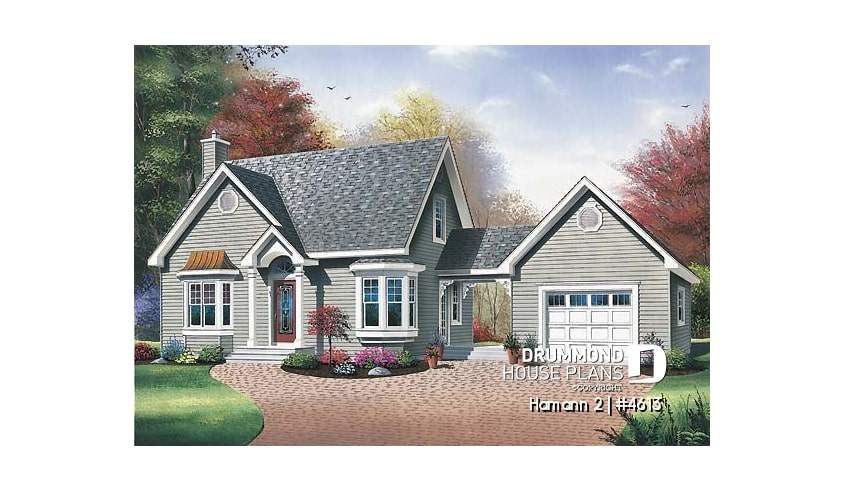 front - BASE MODEL - Country small house plan with 2 bedrooms + den, garage, family room with fireplace - Hamann 2