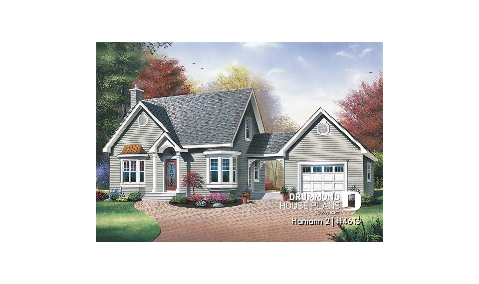 front - BASE MODEL - Country small house plan with 2 bedrooms + den, garage, family room with fireplace - Hamann 2