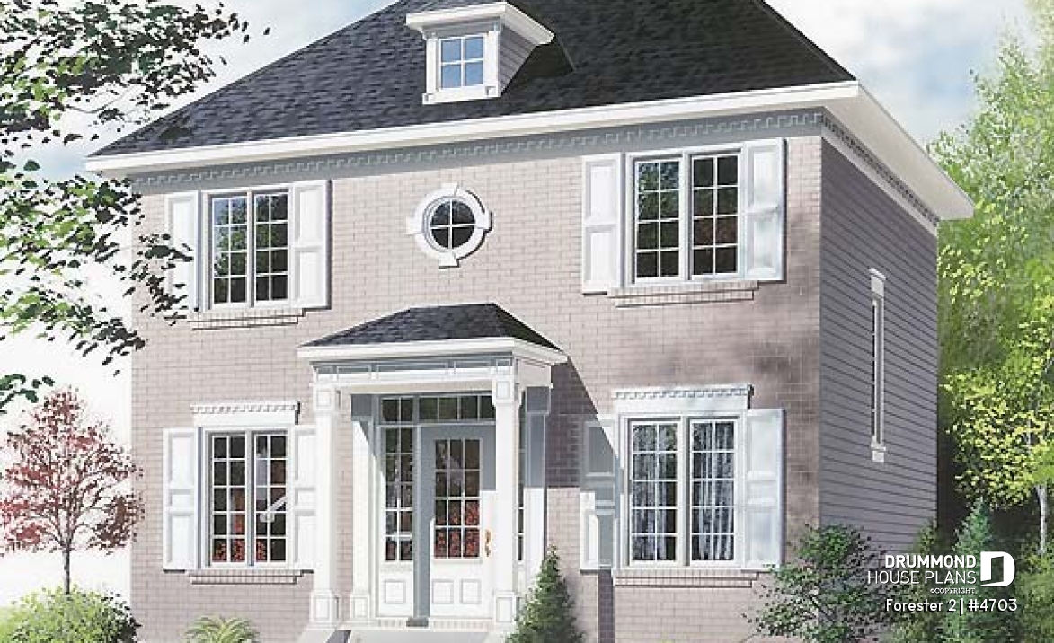 front - BASE MODEL - Classic style 3 bedroom house plan, lots of natural light, sheltered front balcony - Forester 2