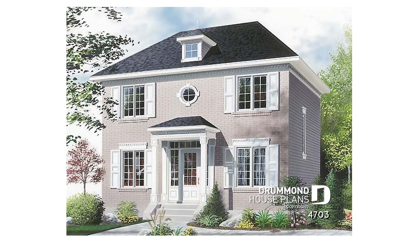 front - BASE MODEL - Classic style 3 bedroom house plan, lots of natural light, sheltered front balcony - Forester 2