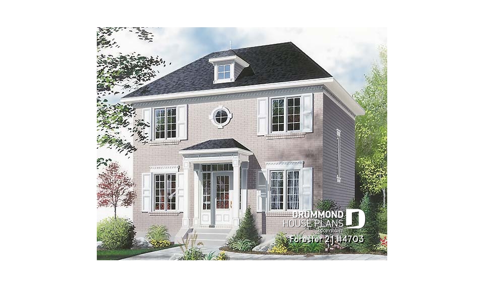 front - BASE MODEL - Classic style 3 bedroom house plan, lots of natural light, sheltered front balcony - Forester 2