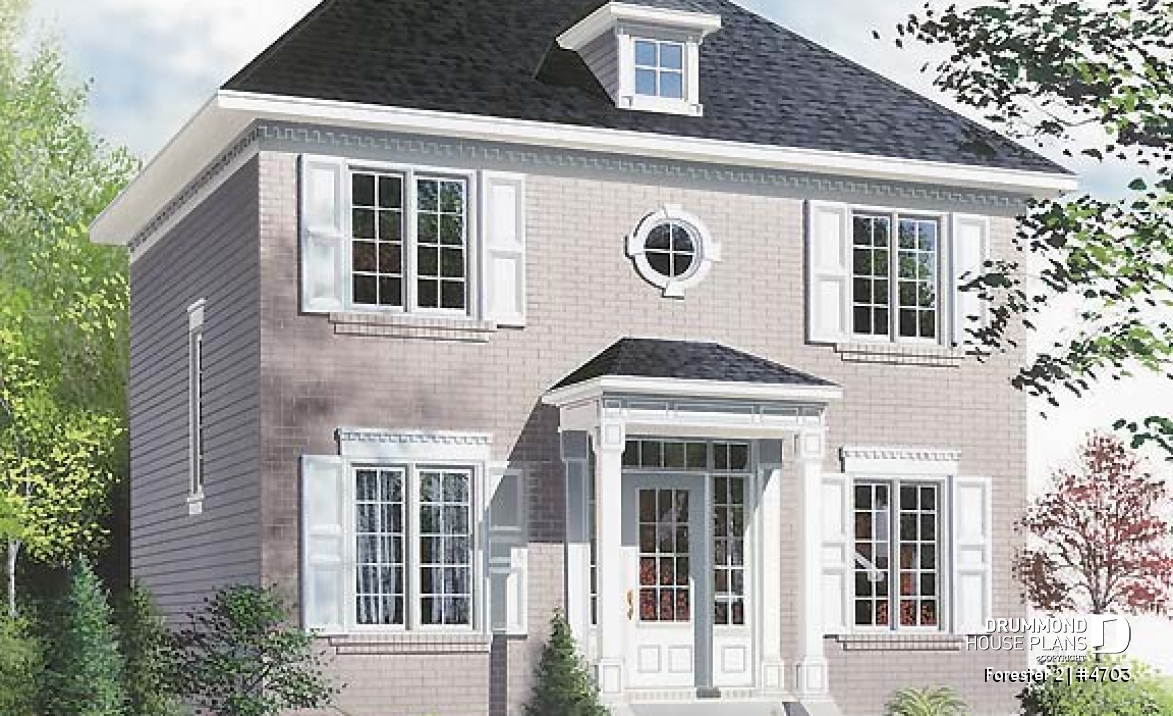 front - BASE MODEL - Classic style 3 bedroom house plan, lots of natural light, sheltered front balcony - Forester 2