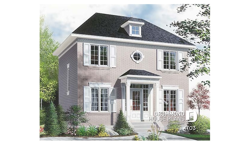 front - BASE MODEL - Classic style 3 bedroom house plan, lots of natural light, sheltered front balcony - Forester 2