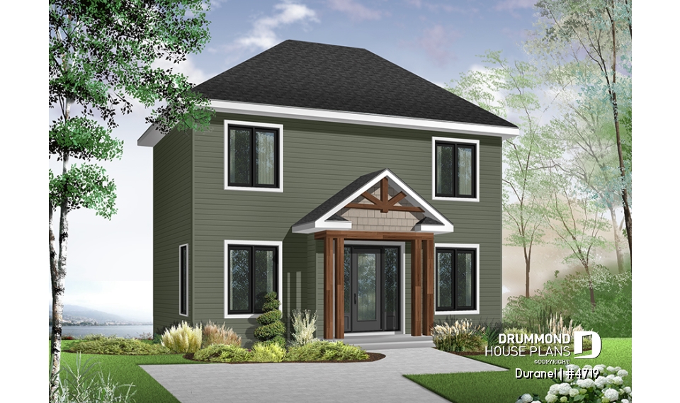 front - BASE MODEL - 2-story budget-friendly home plan. 2 bedrooms with walk-in closets, upstairs laundry room, kitchen wi/ island - Duranel