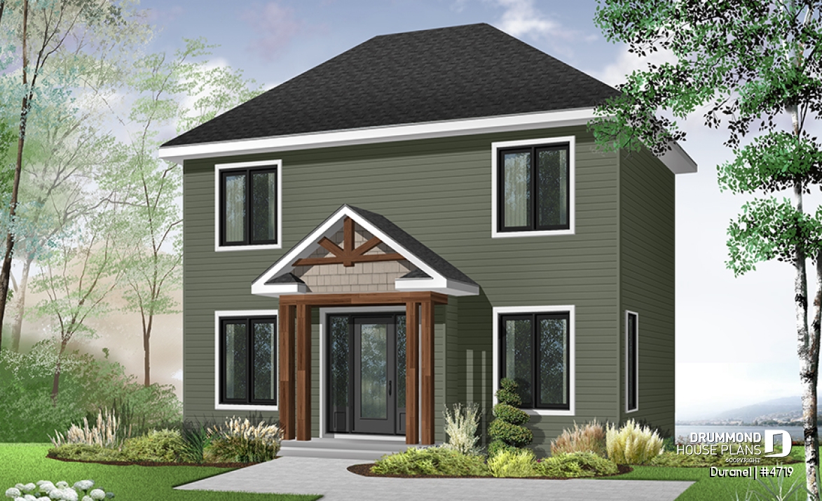 front - BASE MODEL - 2-story budget-friendly home plan. 2 bedrooms with walk-in closets, upstairs laundry room, kitchen wi/ island - Duranel