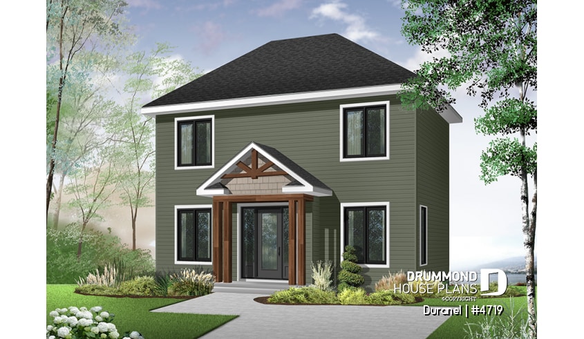 front - BASE MODEL - Low budget 2 bedroom 2-story  house plan, walk-in on each bed, laundry area on second floor, kitchen island - Duranel