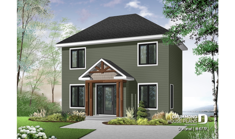 front - BASE MODEL - 2-story budget-friendly home plan. 2 bedrooms with walk-in closets, upstairs laundry room, kitchen wi/ island - Duranel