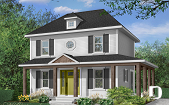 Color version 1 - Front - English inspired house plan with 3 bedrooms, 2 bathrooms, large covered porch, open floor plan - Dalhousie