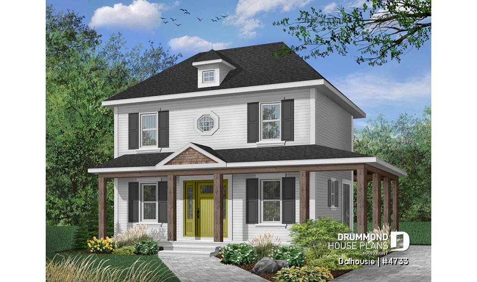 Color version 1 - Front - English inspired house plan with 3 bedrooms, 2 bathrooms, large covered porch, open floor plan - Dalhousie