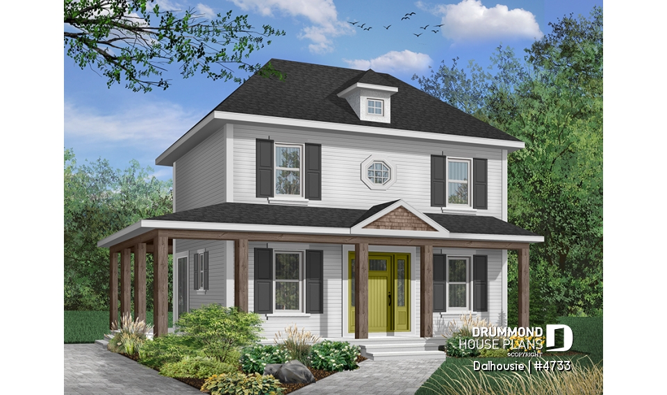 Color version 1 - Front - English inspired house plan with 3 bedrooms, 2 bathrooms, large covered porch, open floor plan - Dalhousie