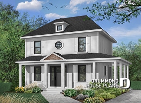 front - BASE MODEL - English inspired house plan with 3 bedrooms, 2 bathrooms, large covered porch, open floor plan - Dalhousie