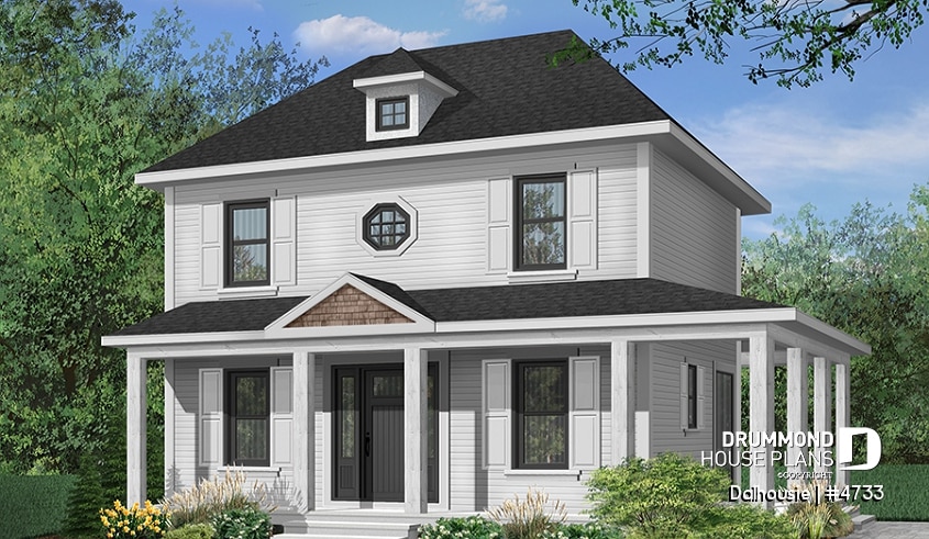 front - BASE MODEL - English inspired house plan with 3 bedrooms, 2 bathrooms, large covered porch, open floor plan - Dalhousie