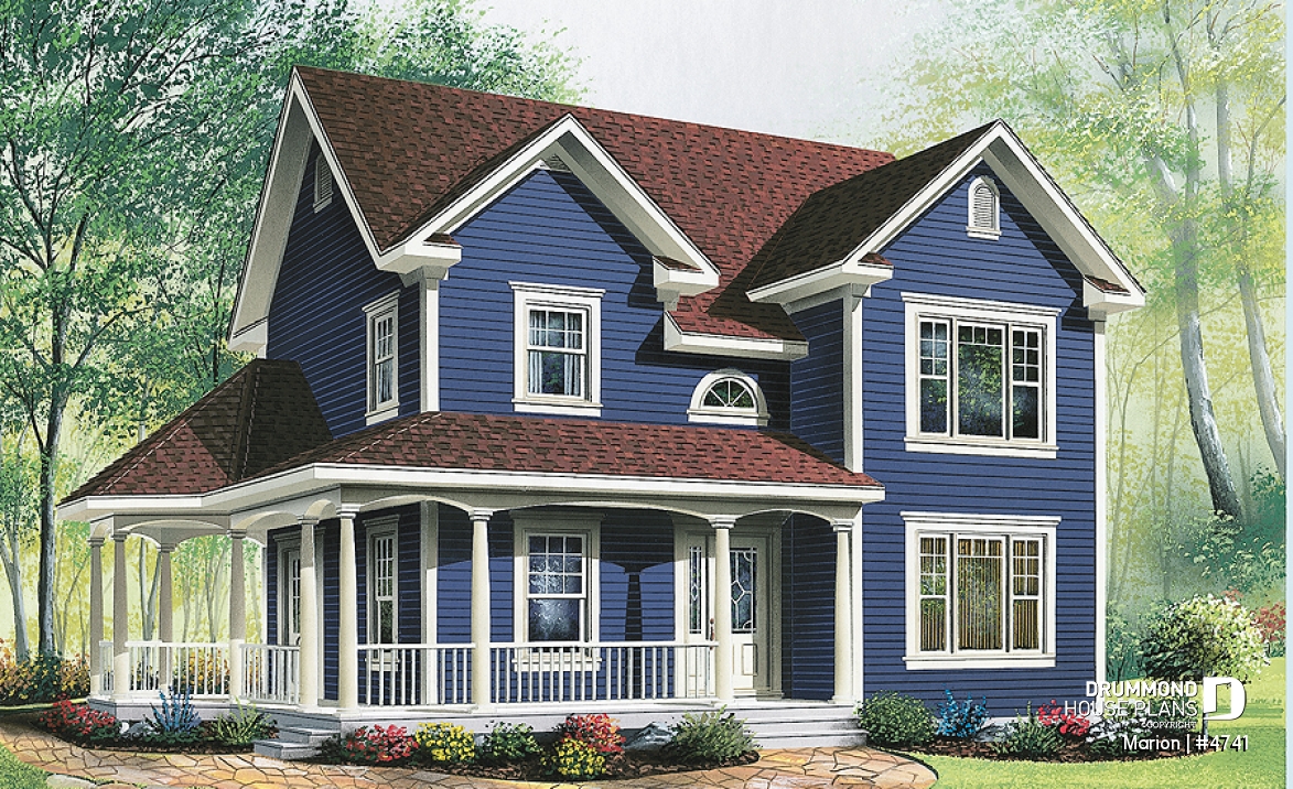 front - BASE MODEL - 3 bedroom affordable country house plan, french doors, closed foyer, home office - Marion