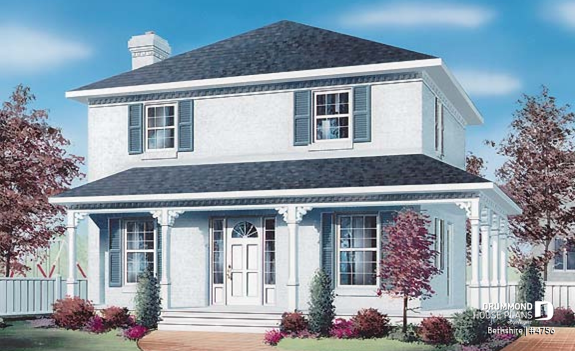 front - BASE MODEL - Colonial small cottage house plan, open floor plan, kitchen island, main floor laundry, nice family bathroom - Berkshire