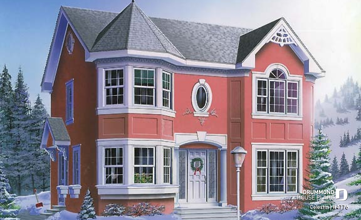front - BASE MODEL - Victorian house plan with 4 bedrooms, home office, pantry, breakfast nook, garage version available! - Celestin