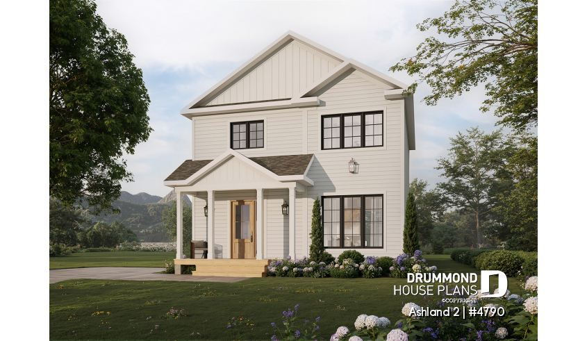 front - BASE MODEL - Small 2 story house plan with 3 to 4 bedrooms, laundry room on main floor, optional finished basement ($) - Ashland 2