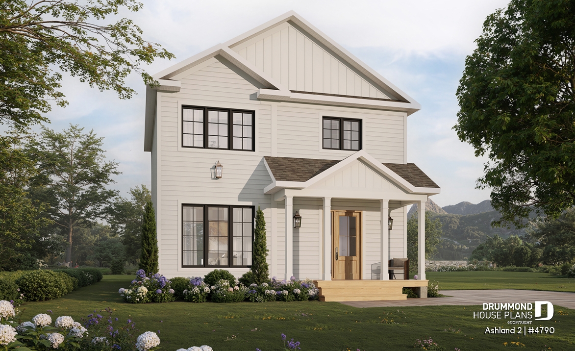 front - BASE MODEL - Small 2 story house plan with 3 to 4 bedrooms, laundry room on main floor, optional finished basement ($) - Ashland 2