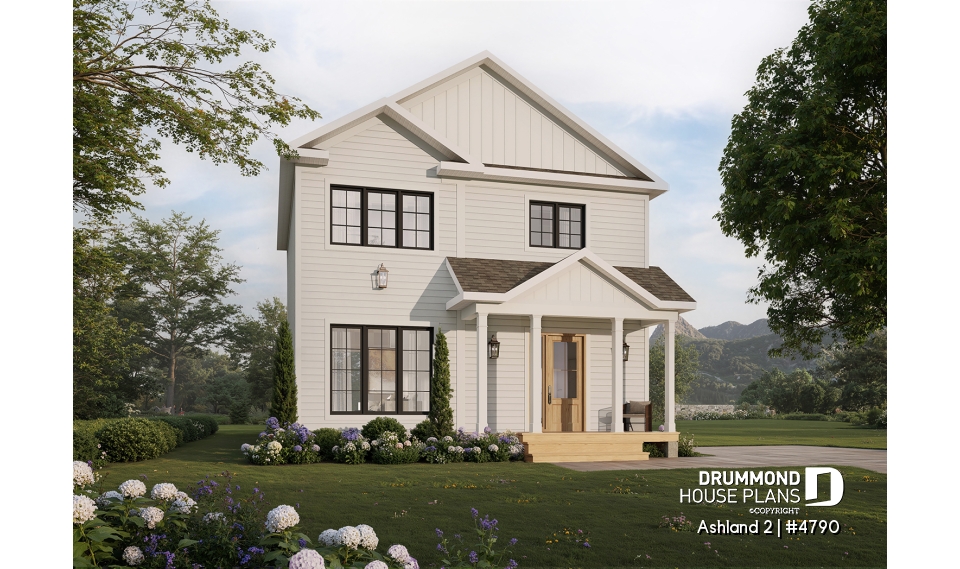 front - BASE MODEL - Small 2 story house plan with 3 to 4 bedrooms, laundry room on main floor, optional finished basement ($) - Ashland 2