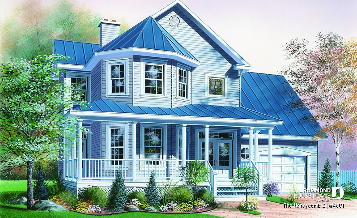 front - BASE MODEL - 2-storey house plan, one-car garage with bonus space above, fireplace, sitting area off kitchen - The Honeycomb 2