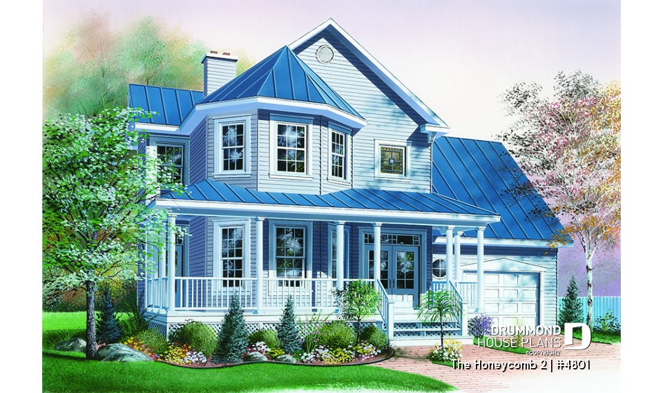 front - BASE MODEL - 2-storey house plan, one-car garage with bonus space above, fireplace, sitting area off kitchen - The Honeycomb 2