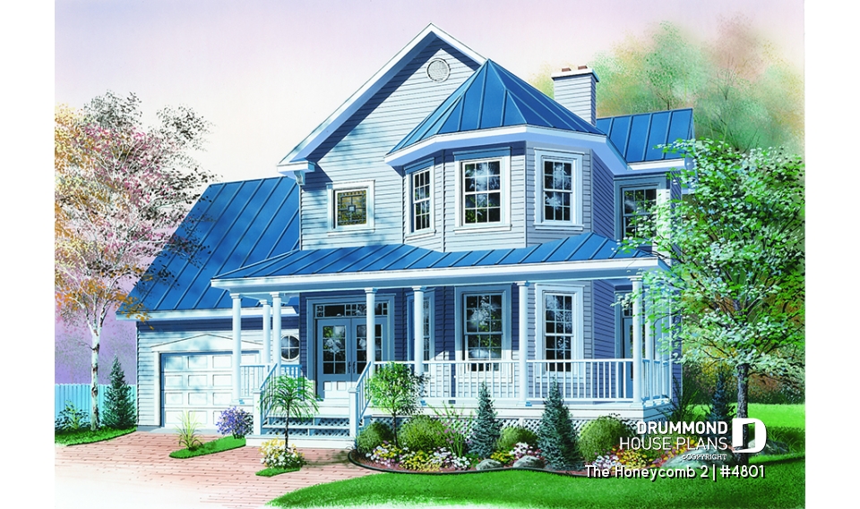 front - BASE MODEL - 2-storey house plan, one-car garage with bonus space above, fireplace, sitting area off kitchen - The Honeycomb 2