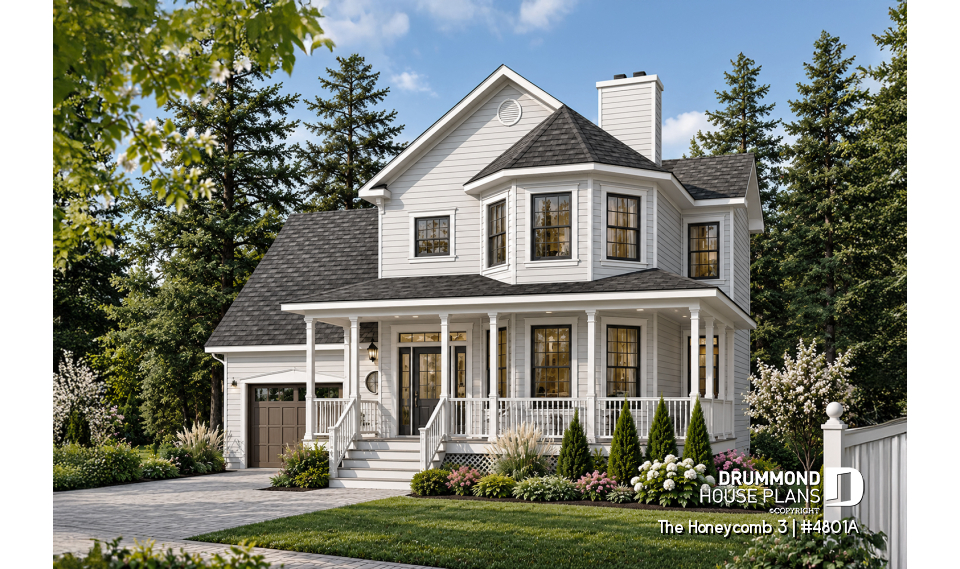 front - BASE MODEL - Beautiful Modern Victorian house plan, 3 to 4 bedrooms, 2.5 baths, bonus room, garage, fireplace, seating area - The Honeycomb 3