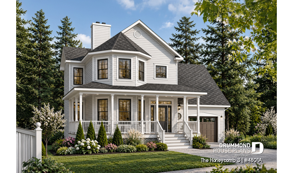 front - BASE MODEL - Beautiful Modern Victorian house plan, 3 to 4 bedrooms, 2.5 baths, bonus room, garage, fireplace, seating area - The Honeycomb 3