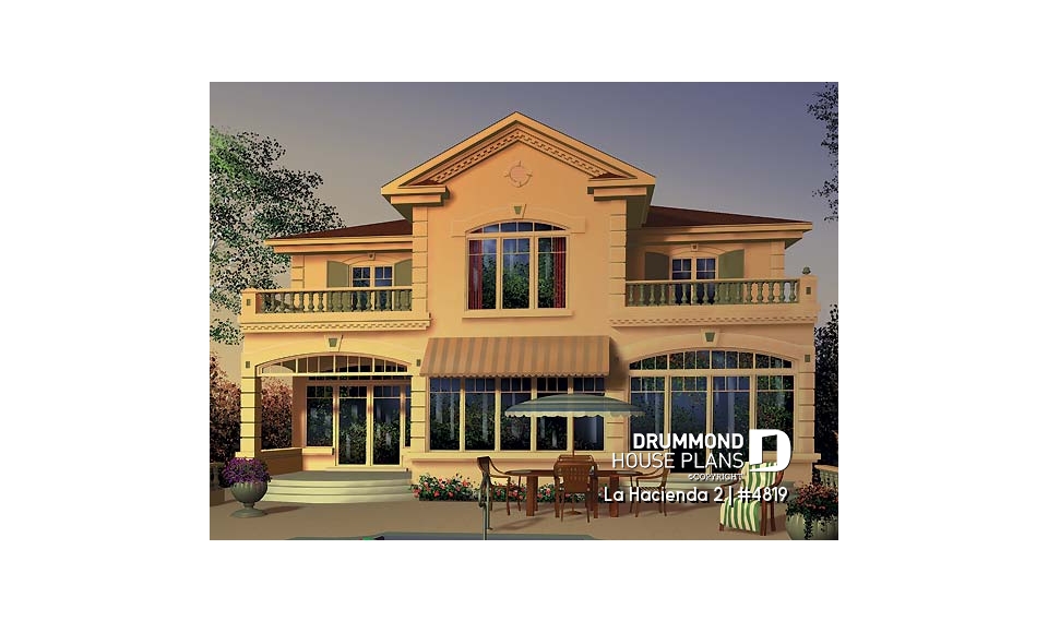 Rear view - BASE MODEL - Spanish style villa house plan, 4 bedrooms, 3 bathrooms, beautiful master suite with terrace, garage - La Hacienda 2