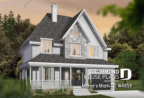 Color version 5 - Front - European 2 storey, 4 bedroom with wrap around porch and garage - Manor's Mark 2