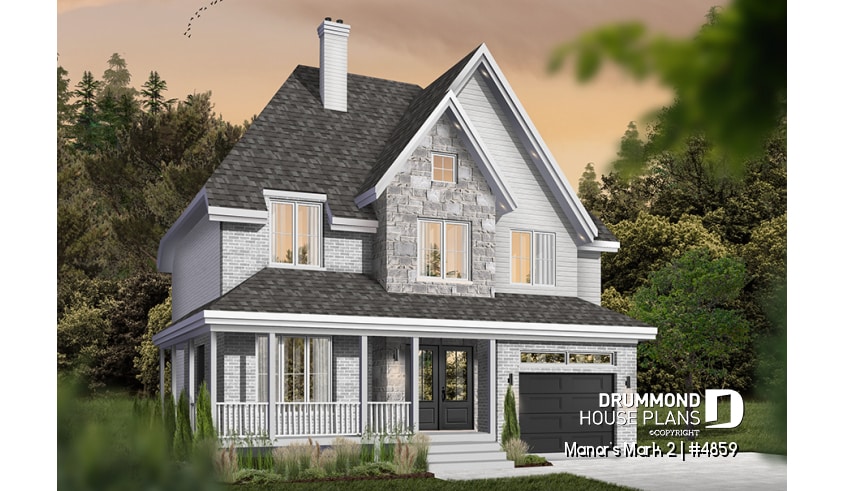 Color version 5 - Front - European 2 storey, 4 bedroom with wrap around porch and garage - Manor's Mark 2