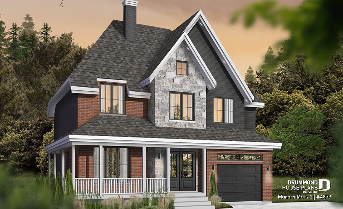 front - BASE MODEL - European 2 storey house plan, 4 bedroom with wrap around porch and garage - Manor's Mark 2