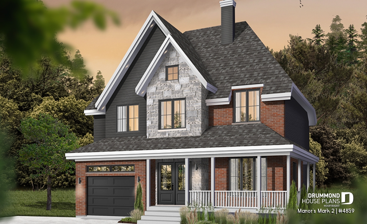 front - BASE MODEL - European 2 storey house plan, 4 bedroom with wrap around porch and garage - Manor's Mark 2