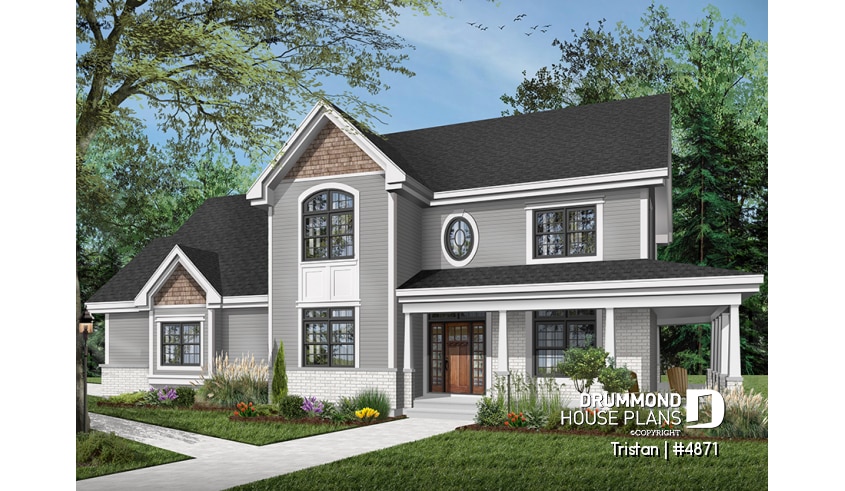 Color version 3 - Front - Beautiful traditional house plan with wraparound porch, 2 car-garage (side load), 2 master suites, 4 beds - Tristan