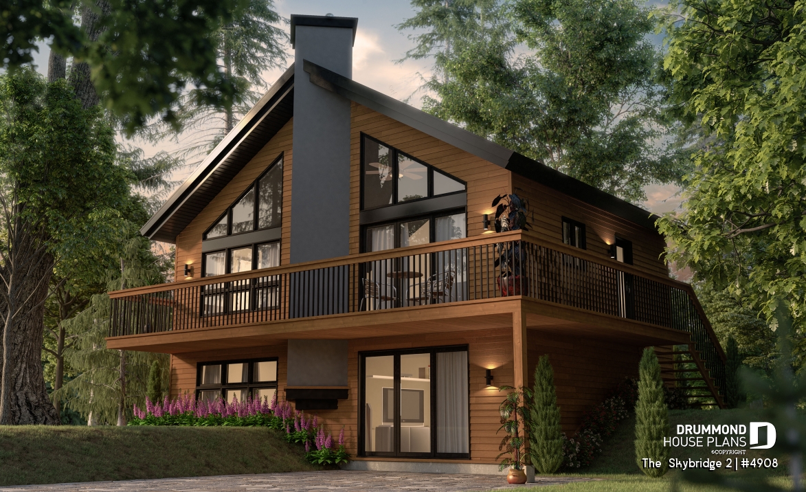 front - BASE MODEL - Ski chalet house plan with master on main level, 2 living rooms, 3 bedrooms, walkout basement, fireplaces - The  Skybridge 2