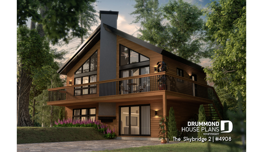 front - BASE MODEL - Ski chalet house plan with master on main level, 2 living rooms, 3 bedrooms, walkout basement, fireplaces - The  Skybridge 2