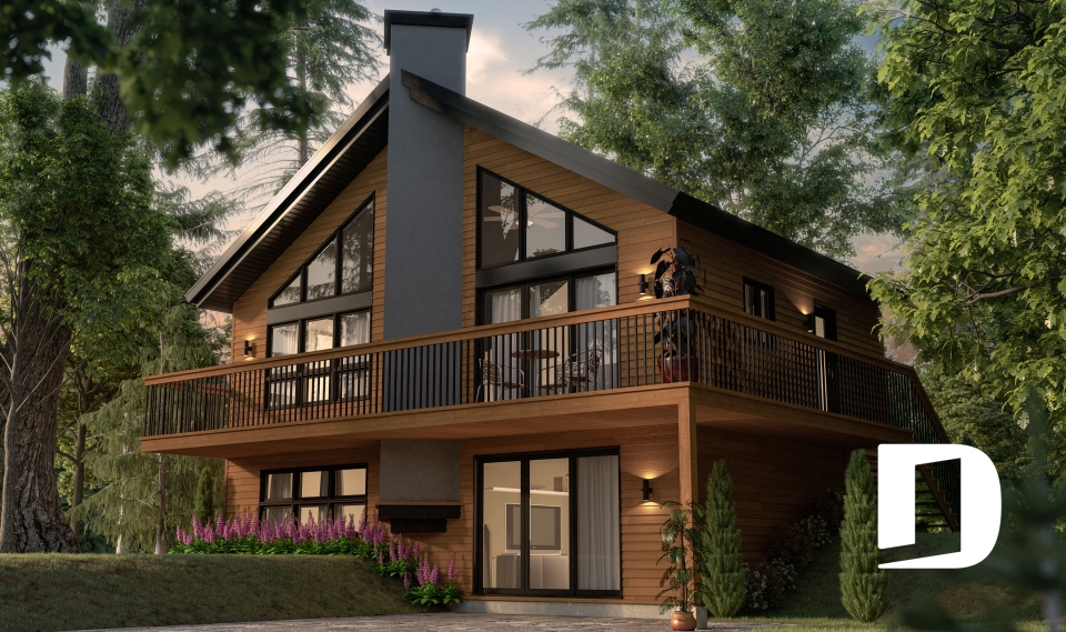 front - BASE MODEL - Ski chalet house plan with master on main level, 2 living rooms, 3 bedrooms, walkout basement, fireplaces - The  Skybridge 2